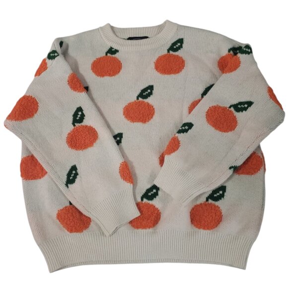 Cider Orange Knit Tufted Pullover Sweater Women’s White Orange and Green | Large - Picture 4 of 6
